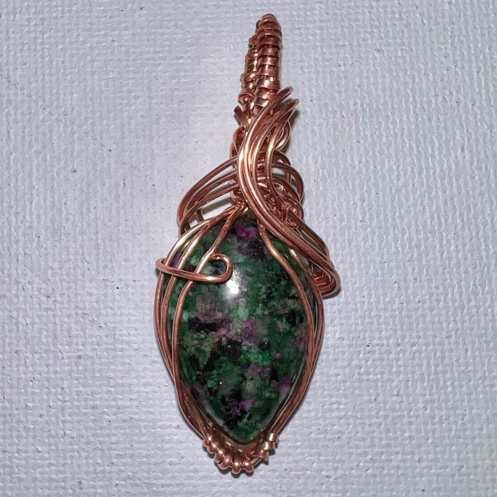 Handcrafted Copper Wire Wrapped Zoisite Stone Pendant